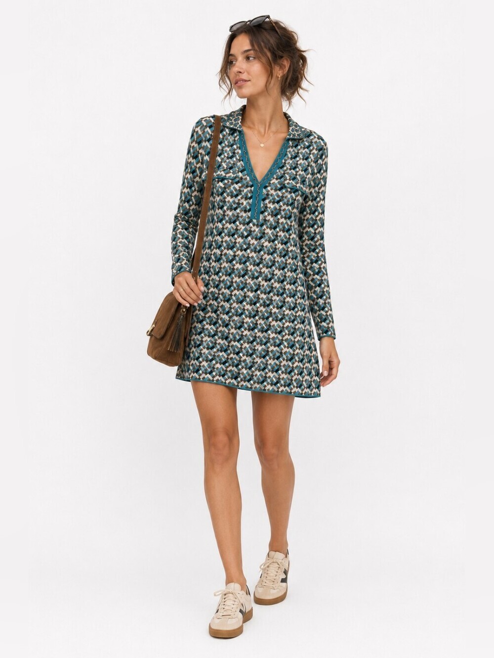 Zara Knit Retro Geometric Mini Dress Tunic Y2K Mod Long Sleeve Medium